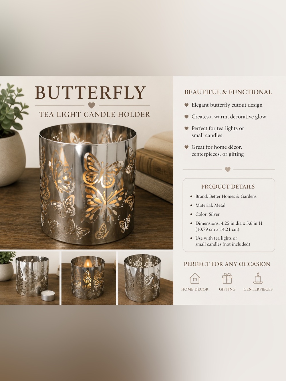 Better Homes And Gardens Silver Butterfly Tea Light Holder